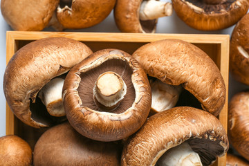 Fresh champignon mushrooms in box