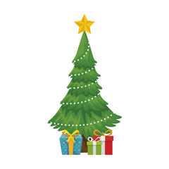 pine tree christmas with gift boxes isolated icon vector illustration design