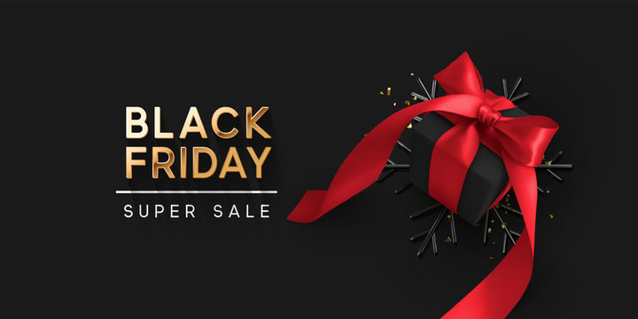 Black Friday Super Sale. Realistic black gifts boxes. 3d snowflake with glitter gold confetti, gift box with red bow. Dark background golden text lettering. Holiday banner, poster. vector illustration