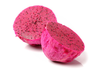 Sliced and peeled fresh pitaya fruit. Dragon fruit of the genus Hylocereus, Cactaceae family. isolated on white background