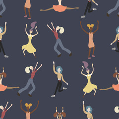 Seamless pattern with crowd of women doing sport, dancing, running. Girls dressed in trendy clothes. Outdoor activities on city street. Female characters. Vector illustration in flat cartoon style