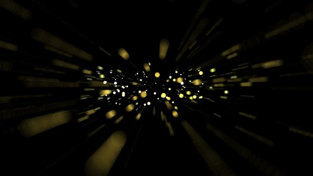 Extraordinary abstract background with animation of moving golden round particles on a black background. Fascinating time lapse exceptional golden glamour design. 4K footage from slow motion dots with