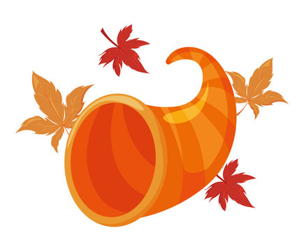 brown cornucopia with autumn leaves on white background