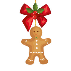 bow ribbon christmas with ginger cookie hanging vector illustration design