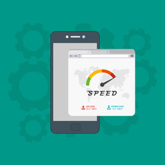 Site Speed Test Concept. smartphone with Speedometer Vector illustration