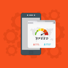 Site Speed Test Concept. smartphone with Speedometer Vector illustration