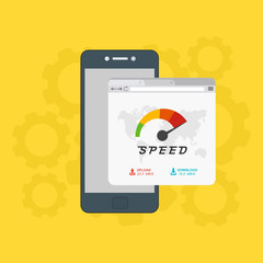 Site Speed Test Concept. smartphone with Speedometer Vector illustration