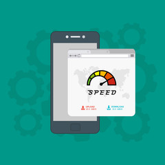 Site Speed Test Concept. smartphone with Speedometer Vector illustration