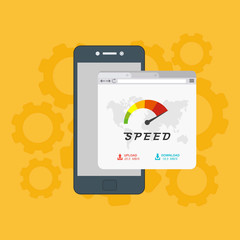 Site Speed Test Concept. smartphone with Speedometer Vector illustration
