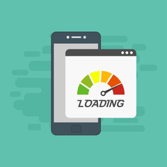 smartphone with speed test on the screen. Vector stock illustration.