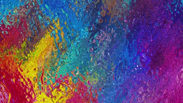 Liquid in psychedelic colours slowly moves, revolving and changing shape.  Very detailed digital animation.
