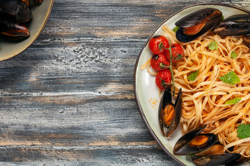 Pasta Mussels with herbs and tomatoes in a bowl