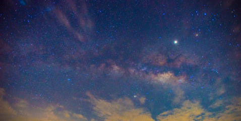 Panorama blue night sky milky way and star on dark background.Universe filled, nebula and galaxy...