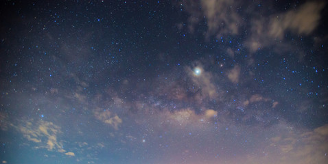 Naklejka na ściany i meble Panorama blue night sky milky way and star on dark background.Universe filled, nebula and galaxy with noise and grain.Photo by long exposure and select white balance.Dark night sky.