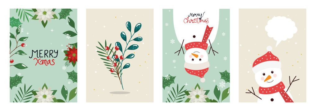 Set Poster Of Merry Christmas With Leafs And Snowmen Vector Illustration Design