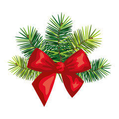 bow ribbon christmas with leafs decoration vector illustration design