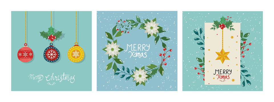 set of poster merry christmas with decorations vector illustration design