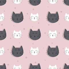 Vector  dotted pink, grey and white cat face seamless pattern  background. Perfect for fabric, scrapbooking, wallpaper, package design and wrapping paper.