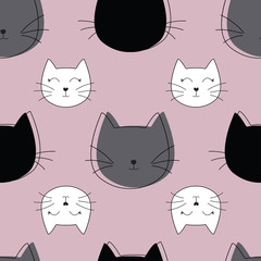 Vector pink, white, grey white cat face seamless pattern background. Perfect for fabric, scrapbooking, wallpaper, package design and wrapping paper.