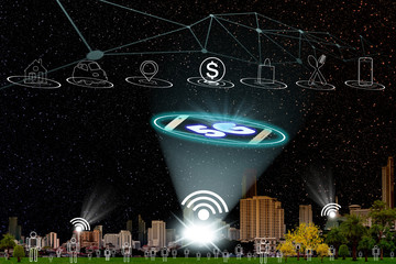 5G network interface and icon concept with cityscape