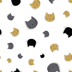Vector white, black, grey cat face seamless pattern background. Perfect for fabric, scrapbooking, wallpaper, package design and wrapping paper.