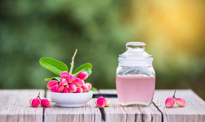 Bengal-Currants Laying on the floor, on a natural background.Bengal-Currants, fermented water in jars, for refreshing drinks.Healthy fruit concept.