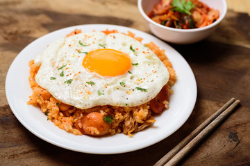 Kimchi fried rice with fried egg on top, Korean food