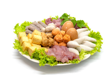 various fresh vegetables for sukiyaki on white background