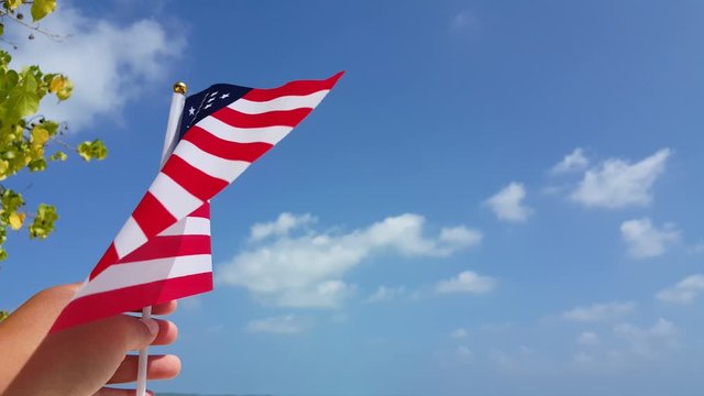 hand holding waving american flaglet under sky