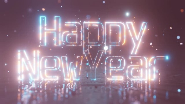 Happy New year 2024. The inscription Happy New Year is lit with bright warm blue neon light and shimmers, against confetti and bokeh.  4K background.