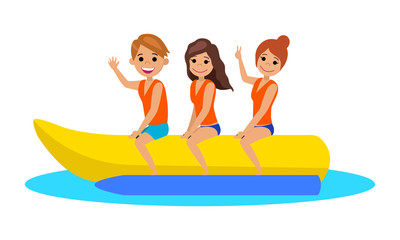 Happy people ride on the banana. The water activities. Vector illustration.