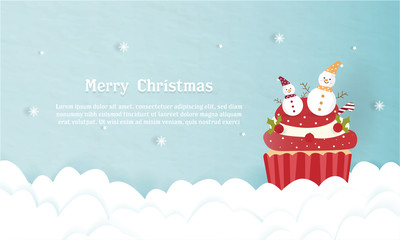 sweet cup cake blue pastel background paper cut bakery product red snow man cream cherry snowflake cloud card cover kawaii style christmas time yummy party with text hat gift snow fall december time