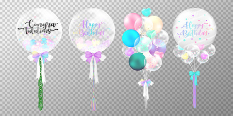 Set of colorful happy birthday balloons on transparent background. Realistic glossy pastel balloons vector illustration. Party balloons decorations wedding, birthday, celebration and anniversary card  © Moko22