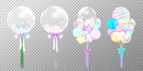 Set of colorful happy birthday balloons on transparent background. . Realistic glossy pastel balloons vector illustration. Party balloons decorations wedding, birthday, celebration and anniversary car © Moko22