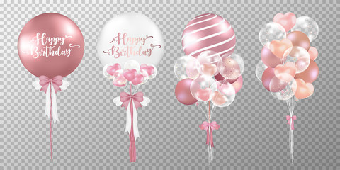 Set of rose gold balloons on transparent background. Realistic glossy pink balloons vector illustration. Party balloons decorations wedding, birthday, celebration and anniversary card design. 