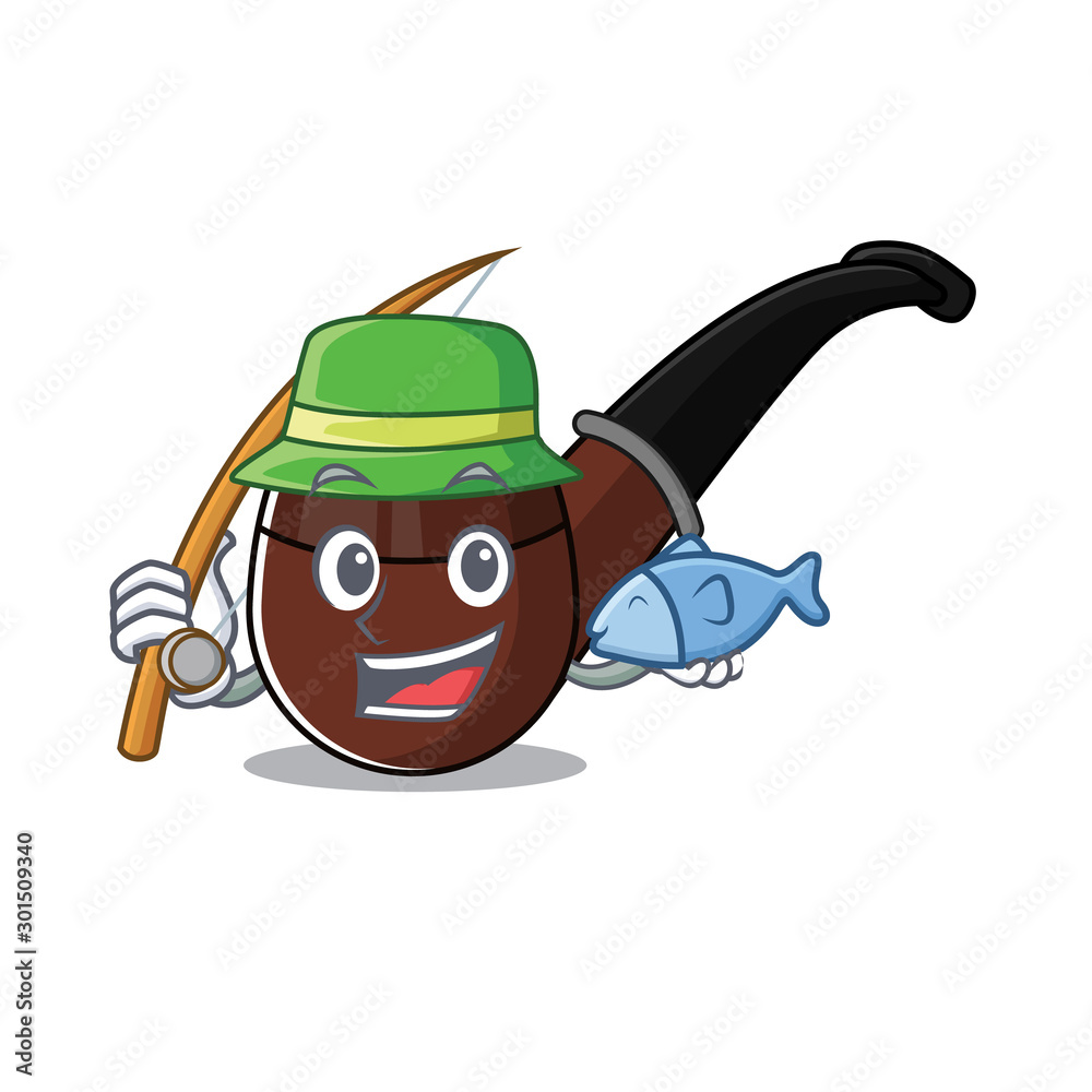 Sticker fishing cartoon character style with smoke pipe