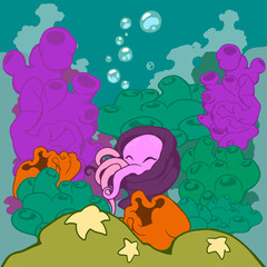 Fototapeta na wymiar Cartoon illustration of a pink octopus sleeping in a marine sponge in sea floor surroundings