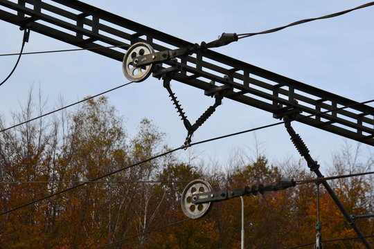 The close-up of gears of a wire tensioning device on a railway line. Stretching, tension pulleys with wires. Image of stretching of railroad wires fixed on the metalic lattice tower.