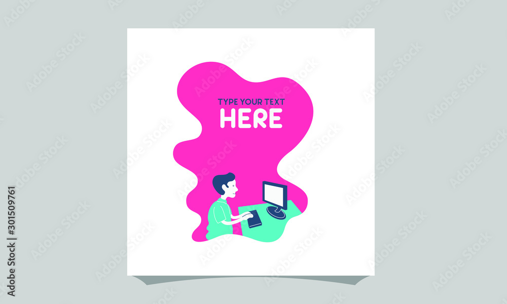Wall mural minimalist vector flat character design on businessman working in office behind her desk with comput