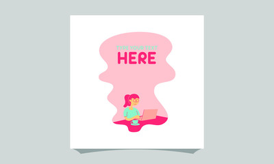 Minimalist vector flat character design on business woman working in office behind her desk with laptop. Business woman using laptop