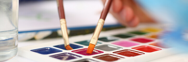 Brush point in watercolor paint closeup