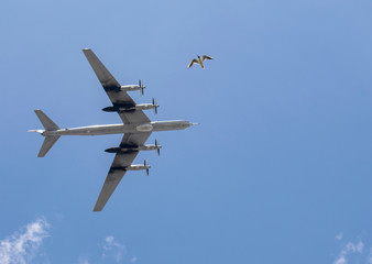 Military aircraft in the sky against the clouds above us.