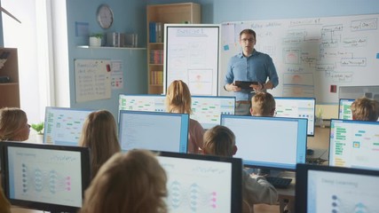 Elementary School Class: Teacher Uses Interactive Digital Whiteboard, Explains Lesson to Diverse Group of Smart Children. Kids getting Modern Education, Learn Computer Science, Software Programming - Powered by Adobe