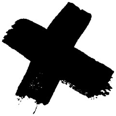 A black cross is hand-drawn on a white background. Paint strokes with a dry brush