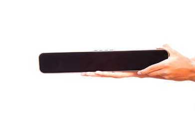 holding a cell phone black speaker box, stylish speaker