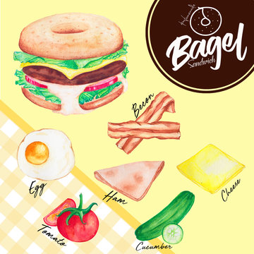 Watercolor Beef burger in a bagel  with green salad,cucumber,ham, cheese,bacon,egg,tomato for cafe and fast food truck 