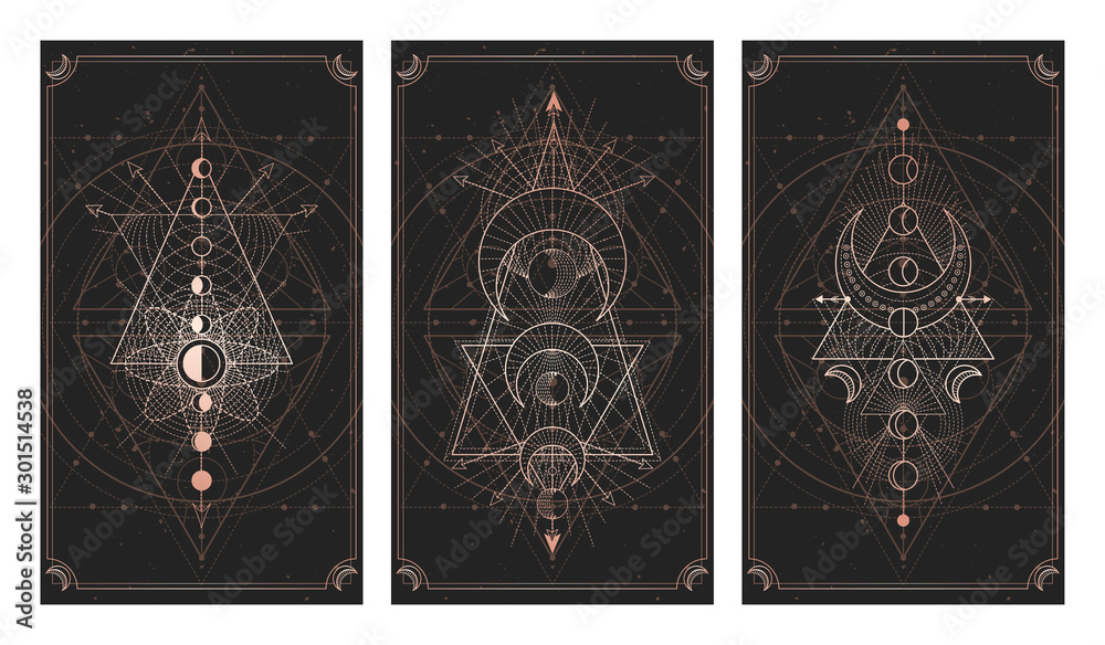 Canvas Prints vector set of three dark backgrounds with sacred symbols, grunge textures and frames. illustration i