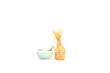 Beautiful white ceramic mortar and pestle Isolated on a white background, for fine grinding