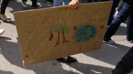 Marching with a crowd of demonstrators at a peaceful environmental protest. One activist is carrying a placard that says save the planet in french