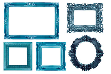 Blue vintage picture and photo frame isolated on white background.